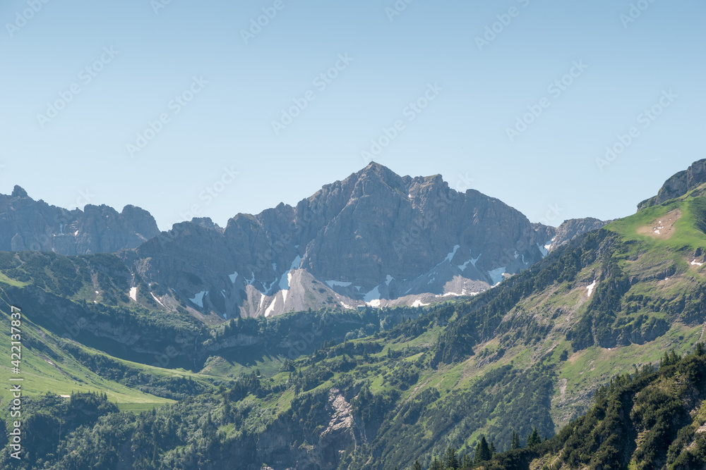 View to the mountain Lachenspitze with the north face in the valley of Tannheim. View to the mountain Lachenspitze with the north face in the valley of Tannheim.