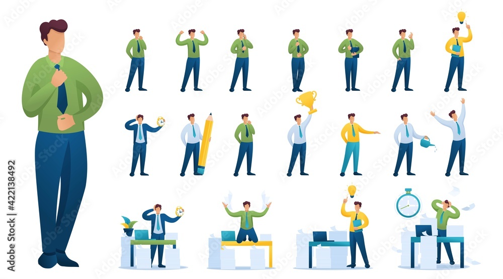 Set of BusinessMan. Presentation in various in various poses and actions. 2D Flat character vector illustration N6
