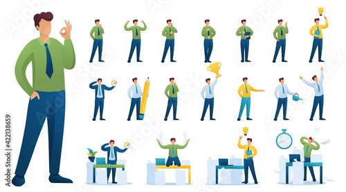 Set of BusinessMan. Presentation in various in various poses and actions. 2D Flat character vector illustration N5