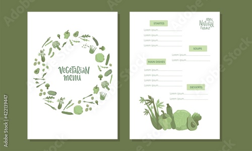 Vegetarian menu handwritten sign with vegetables. Vector stock illustration for design template vegetarian restaurant. EPS10