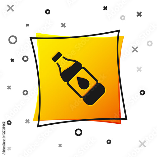 Black Bottle of water icon isolated on white background. Soda aqua drink sign. Yellow square button. Vector
