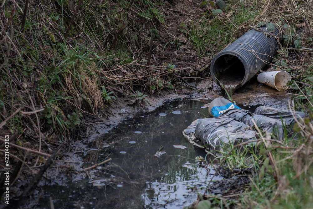 Waste water from houses flows into the river. The river flows along the cultivated fields of grain. Waste water from houses flows into the river. The river flows along the cultivated fields of grain.