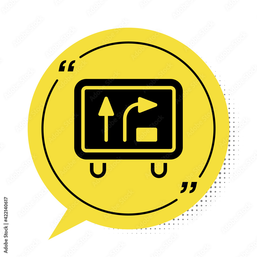 Black Road traffic sign. Signpost icon isolated on white background. Pointer symbol. Isolated street information sign. Direction sign. Yellow speech bubble symbol. Vector Black Road traffic sign. Signpost icon isolated on white background. Pointer symbol. Isolated street information sign. Direction sign. Yellow speech bubble symbol. Vector
