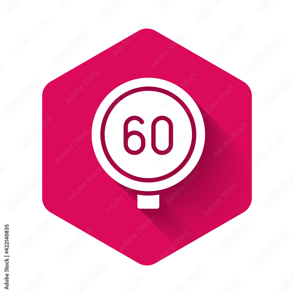 White Speed limit traffic sign 60 km icon isolated with long shadow background. Pink hexagon button. Vector White Speed limit traffic sign 60 km icon isolated with long shadow background. Pink hexagon button. Vector