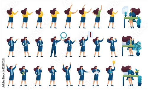 Set of poses and actions of a young businesswoman, a winning businessman, a business idea, a businessman in a panic
