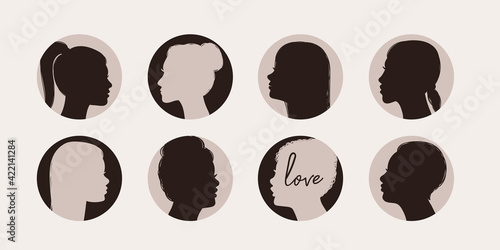 Various women heads silhouettes. Different haircuts. Hand drawn Vector set. Round icons. Avatar templates. All elements are isolated