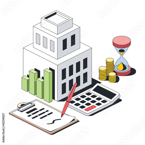 Investments in real estate, time is money, calculation, contract document, stroke illustration. Vector 3d line isometric, color web icons, new flat style. Creative design idea for infographics.