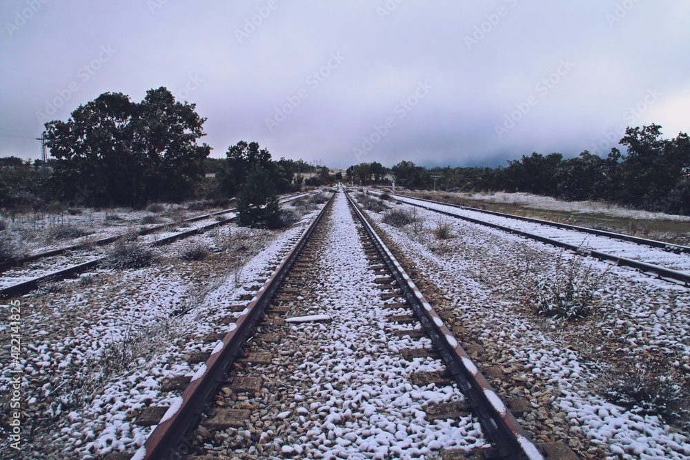 Fototapeta premium Vieja vía del tren en la estación de Gascones-Buitrago con unos copos de nieve. Paisaje rural tras la primera nevada otoñal en esta estación olvidada de la comunidad de Madrid, España.