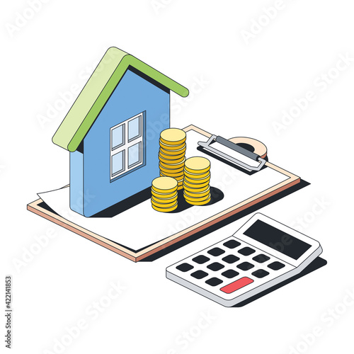 Real estate investment, calculator, coins money, stroke illustration. Vector 3d line isometric, color web icons, new flat style. Creative design idea for infographics.
