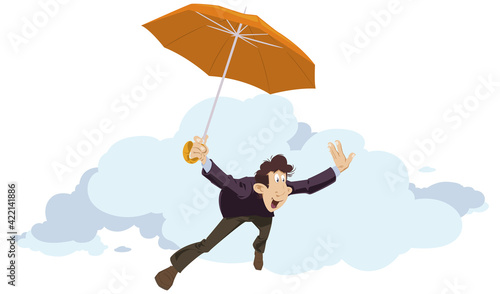 Man flies on umbrella. Businessman with golden parachute. Illustration for internet and mobile website.