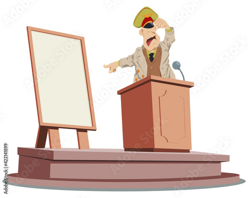 Angry general speaks on podium. Illustration for internet and mobile website.