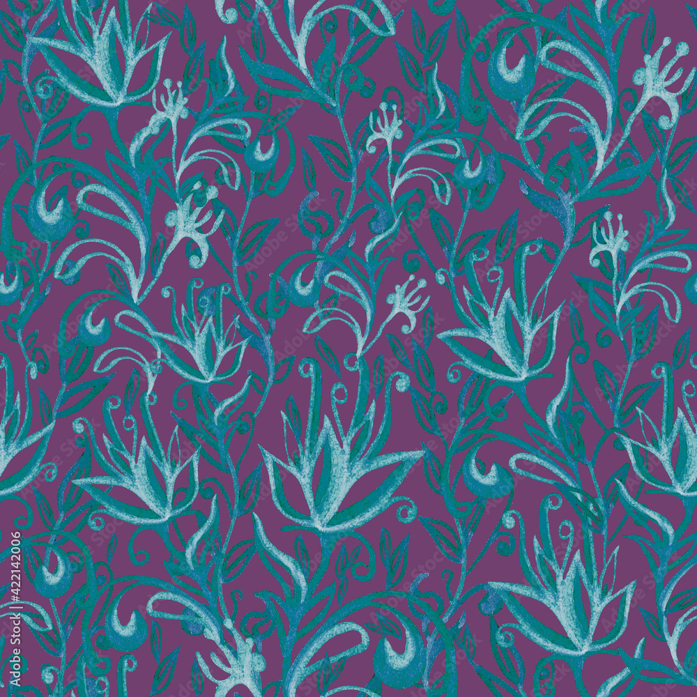 Seamless blue pattern of leaves and flowers on a purple background. Hand drawing, curls, smooth lines, elegant print. Design for Wallpaper, fabric, textiles, packaging, wedding design. Seamless blue pattern of leaves and flowers on a purple background. Hand drawing, curls, smooth lines, elegant print. Design for Wallpaper, fabric, textiles, packaging, wedding design.