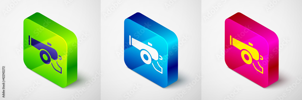 Isometric Ramadan cannon icon isolated on grey background. Square button. Vector Isometric Ramadan cannon icon isolated on grey background. Square button. Vector