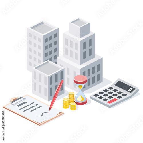 Investments in real estate, buildings, contract documentation, calculator, coins and hourglass, stroke illustration.Vector 3d line isometric, color web icons, new flat style. Creative design idea.
