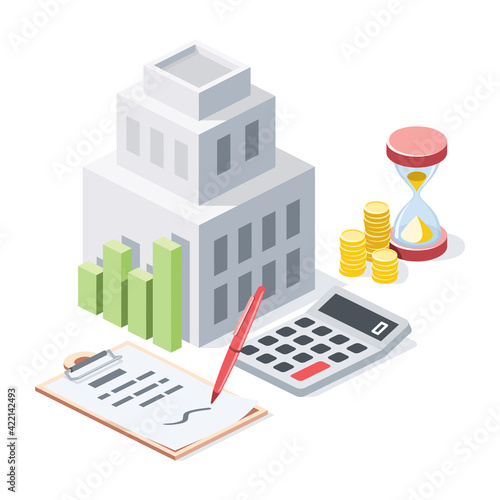 Investments in real estate, time is money, calculation, contract document, stroke illustration. Vector 3d line isometric, color web icons, new flat style. Creative design idea for infographics.