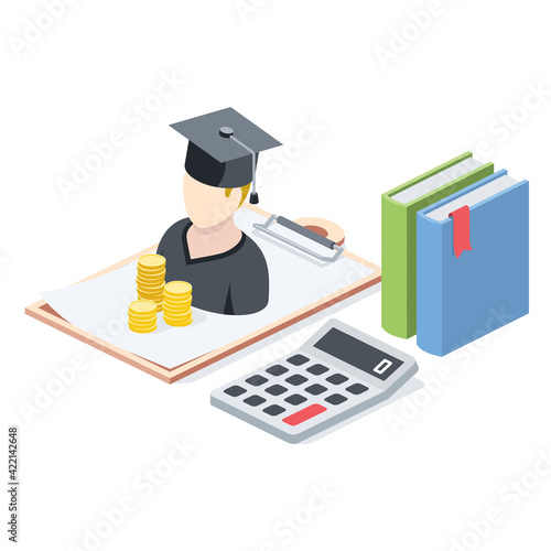 Tuition fees, spending money coins, calculating the budget, student books, stroke illustration. Vector 3d line isometric, color web icons, new flat style. Creative design idea for infographics.