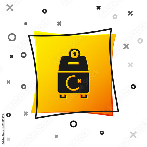 Black Donate or pay your zakat as muslim obligatory icon isolated on white background. Muslim charity or alms in ramadan kareem before eid al-fir. Yellow square button. Vector