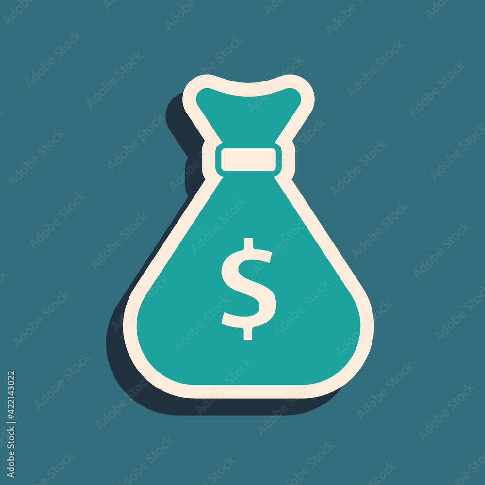 Green Money bag icon isolated on green background. Dollar or USD symbol. Cash Banking currency sign. Long shadow style. Vector Green Money bag icon isolated on green background. Dollar or USD symbol. Cash Banking currency sign. Long shadow style. Vector