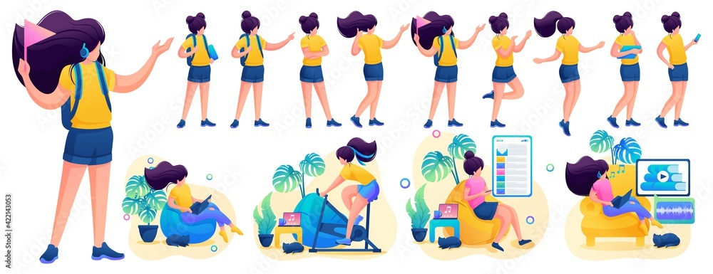 Young girl in various poses and actions, communication, work, training. 2D flat character vector illustration N6 Young girl in various poses and actions, communication, work, training. 2D flat character vector illustration N6