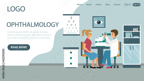Ophthalmology Clinics Vector Illustration. Flat Style Conceptual Composition. Webpage Landing Template Design With Objects And Text. Hospital Cabinet Interior, Doctor In White Robe Testing Patient