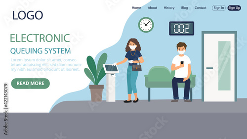 Electronic Queuing System Vector Illustration. Flat Style Conceptual Composition. Webpage Landing Template Design With Objects And Text. Two Characters Wearing Masks At Public Organisation Service