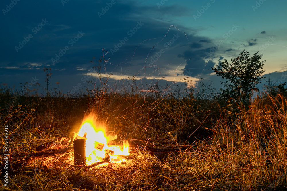 A bright bonfire against the background of the evening sky