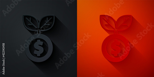 Paper cut Dollar plant icon isolated on black and red background. Business investment growth concept. Money savings and investment. Paper art style. Vector