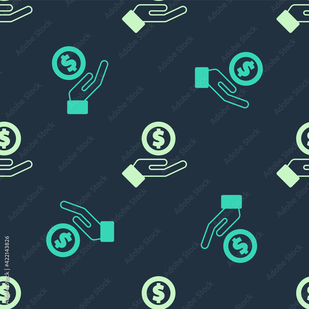 Green and beige Human hand giving money icon isolated seamless pattern on blue background. Receiving money icon. Vector Green and beige Human hand giving money icon isolated seamless pattern on blue background. Receiving money icon. Vector