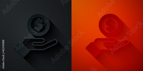 Paper cut Human hand giving money icon isolated on black and red background. Receiving money icon. Paper art style. Vector