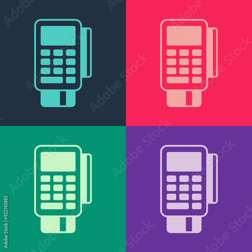 Pop art POS terminal with inserted credit card and printed reciept icon isolated on color background. NFC payment concept. Vector