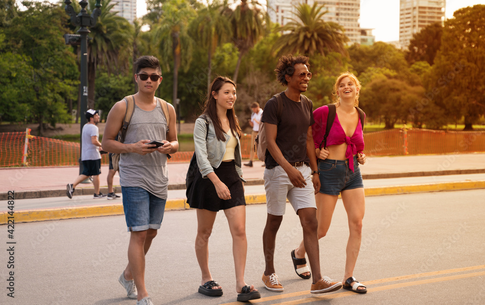 Fototapeta premium A group of friends having fun in the city