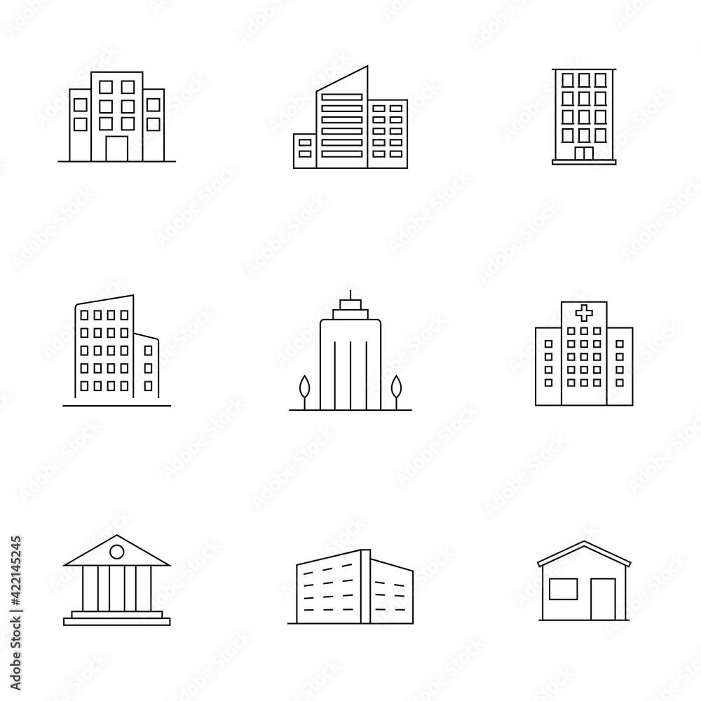 vector linear web icons set - buildings collection of flat line city design elements. Symbol, logo illustration.