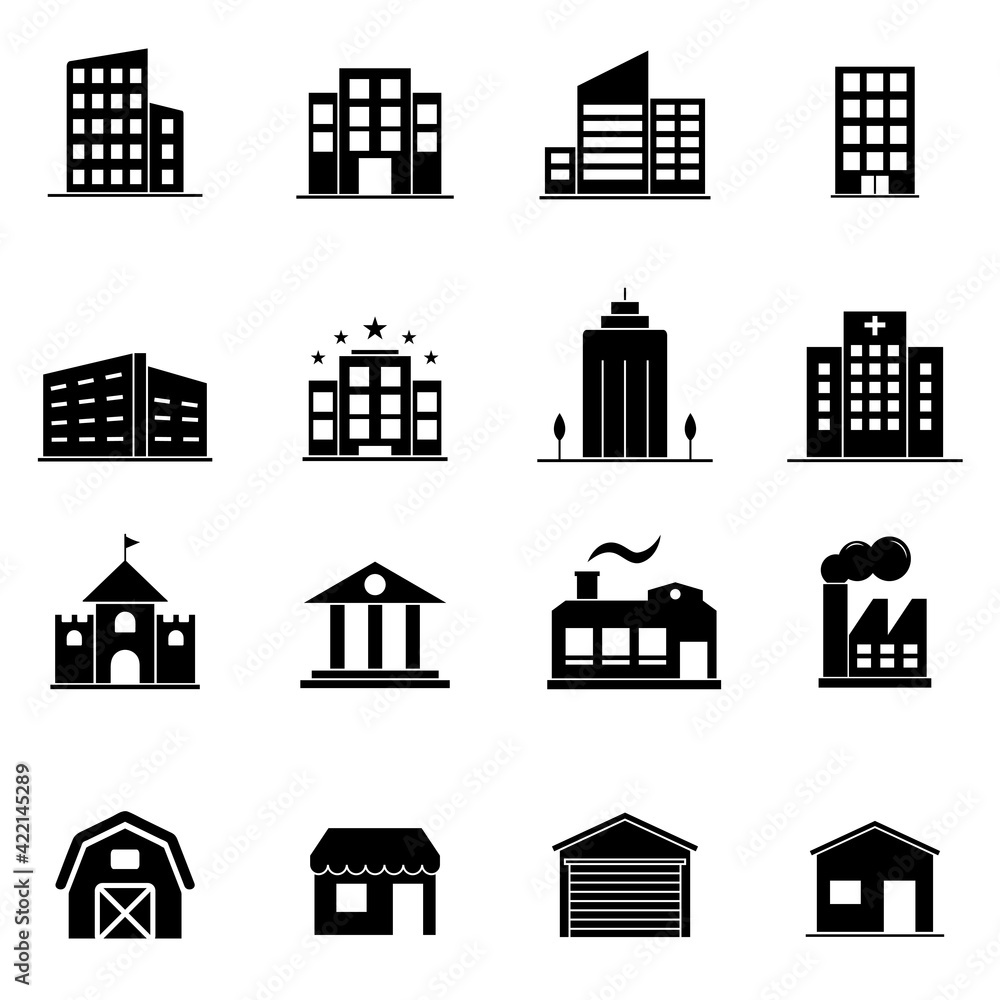 Icon set - Building filled icon style vector illustration on white background. Symbol, logo illustration.
