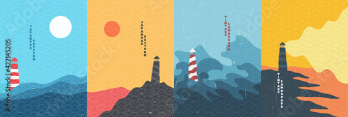 Vector illustration. Minimalist contemporary painting landscapes. Japanese pattern overlay. Modern graphic art. Hand drawn design elements for poster, postcard, cover, card. Lighthouse by the sea