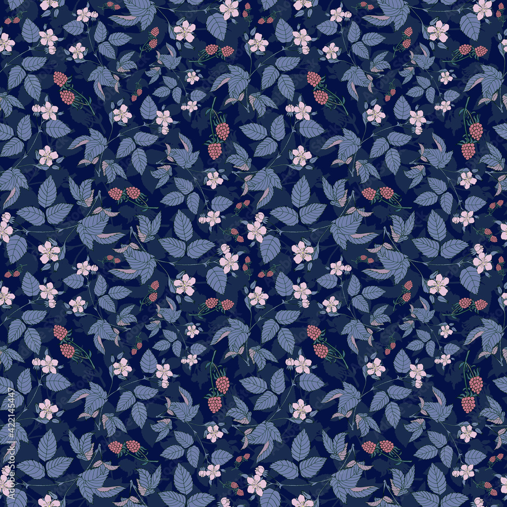 Seamless botanical blue pattern with blackberry leaves and flowers
Seamless botanical blue pattern with blackberry leaves and flowers