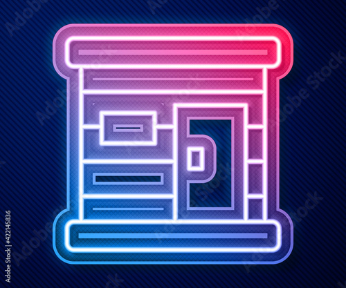 Glowing neon line Sauna wooden bathhouse icon isolated on blue background. Heat spa relaxation therapy bath and hot steam healthcare, relax therapy. Vector