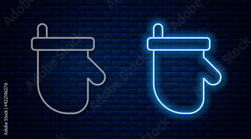 Glowing neon line Sauna mittens icon isolated on brick wall background. Mitten for spa. Vector