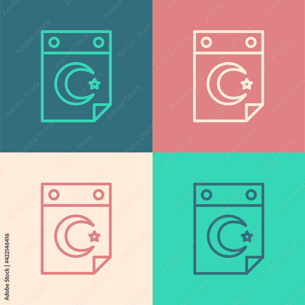 Pop art line Star and crescent - symbol of Islam icon isolated on color background. Religion symbol. Vector Pop art line Star and crescent - symbol of Islam icon isolated on color background. Religion symbol. Vector