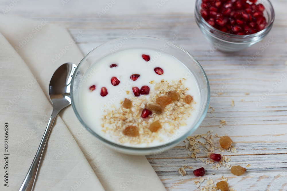 Yogurt with muesli and fruit for breakfast Yogurt with muesli and fruit for breakfast