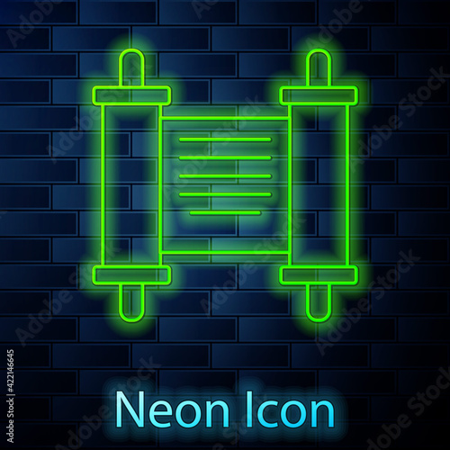 Glowing neon line Decree, paper, parchment, scroll icon icon isolated on brick wall background. Chinese scroll. Vector