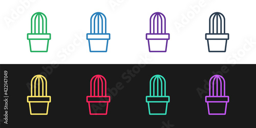 Set line Cactus and succulent in pot icon isolated on black and white background. Plant growing in a pot. Potted plant sign. Vector