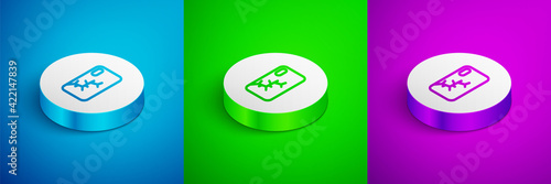 Isometric line Smartphone with broken screen icon isolated on blue, green and purple background. Shattered phone screen icon. White circle button. Vector