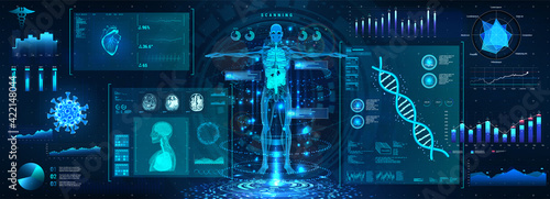 Human body examination in HUD style. Modern healthcare with body scan (Anatomy, Dna formula, Ecg monitor, data organs, X-ray, Statistic and Diagrams) Medical human diagnostic HUD. Vector illustration