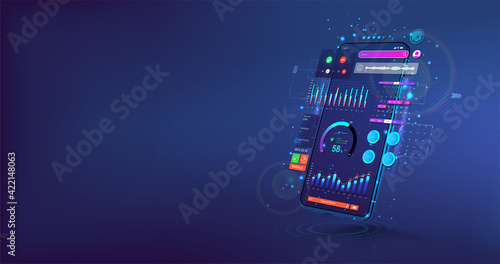 Mobile App with colored design. Creation of a mobile application. Mockup UI and presentation App. 3D realistic gadget with User Interface. UI, UX, KIT and Web concept. Modern Vector illustration 