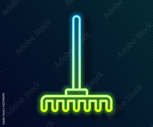 Glowing neon line Garden rake icon isolated on black background. Tool for horticulture, agriculture, farming. Ground cultivator. Housekeeping equipment. Vector