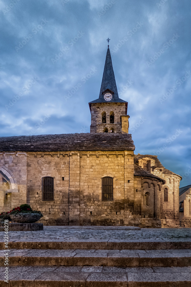 Bosost church tower in the blue hour, Valle de Aran, Lleida Spain, vertical
