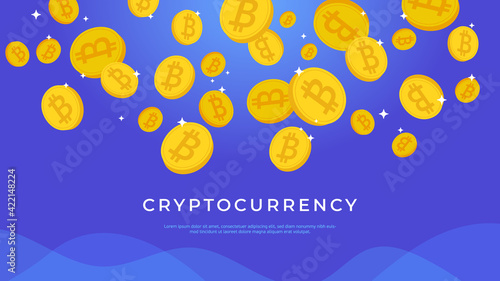 Cryptocurrency abstract background. Gradient vector illustration of golden crypto coins flying on blue background as success deals on markets and bitcoin rate growth