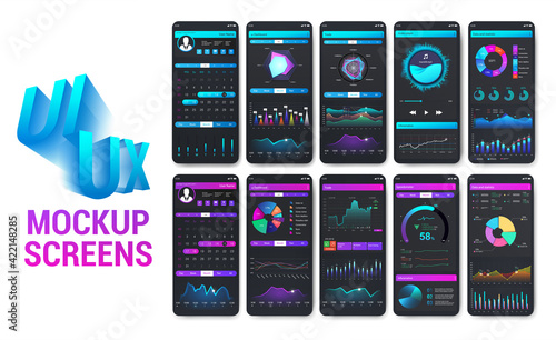 Bright and colorful smartphone apps with well-designed UI. Mobile phone app mockups for sport, fitness and banking and payment. Modern infographic, charts, graphic. UI, UX, GUI. Vector App cellphone