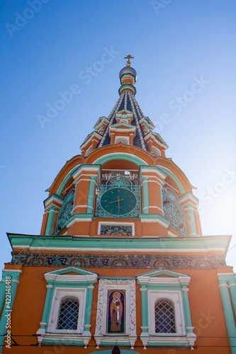 View of bell tower of Church of St. Gregory of Neocaesarea in Debritsy. It's a colorful 17th-century Orthodox church with onion domes near Polyanka Moscow metro station. photo