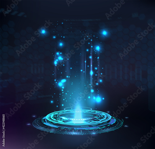 Magic portal, hologram, circle teleport or Sci-fi gadget. High-tech projector in HUD style. Futuristic magic podium. VR universal graphic element. Presentation podium, Circle portal, teleport. Vector